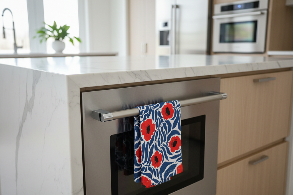 Poppy tea towel in modern kitchen